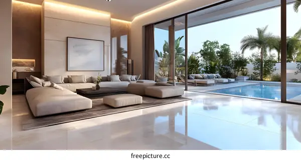 Modern Living Room Interior Design with View of Swimming Pool and Palm Trees