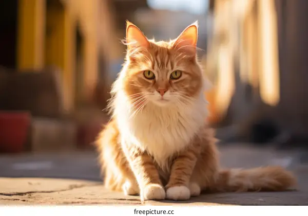 A ginger cat is sitting on the ground in the sunlight