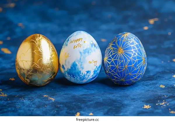 Three Decorated Easter Eggs on a Dark Blue Background