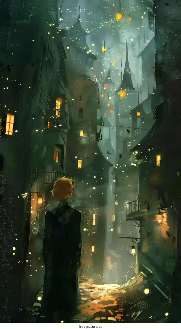 Fantasy Cityscape with Person and Floating Lights