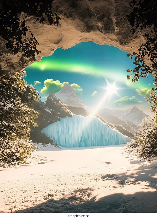 View of Frozen Waterfall Through a Cave Opening in Winter