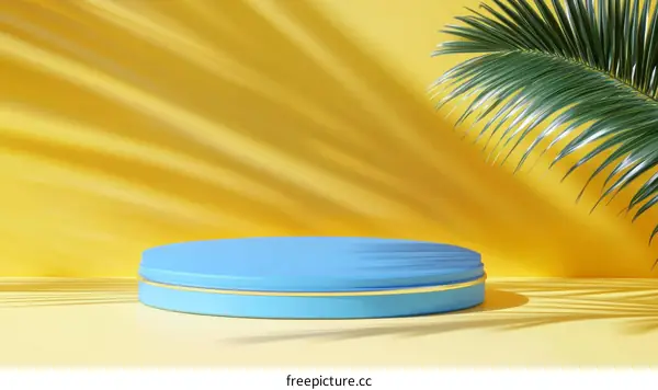 Stylish Light Blue Round Podium with Yellow Background and Palm Leaf