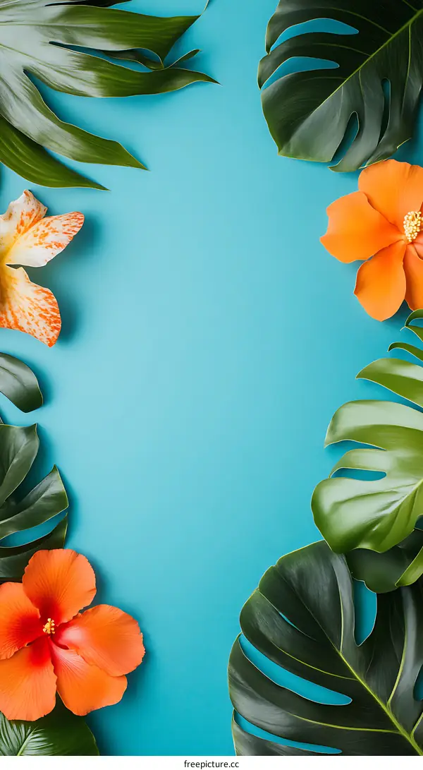 Tropical Leaves and Flowers on Blue Background