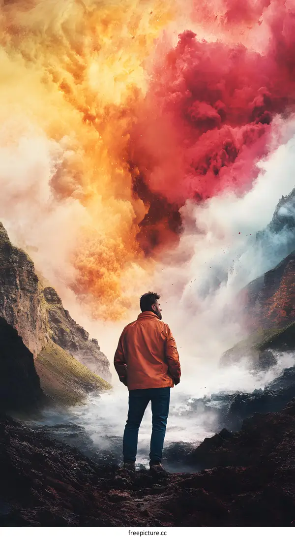 Man Looking at Colorful Smoke Explosion in Mountain Landscape