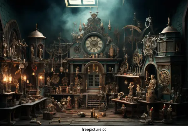 An illustration of a steampunk workshop with intricate details and a large clock in the center
