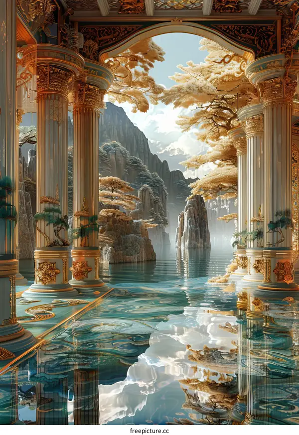 Golden Columns and Blue Water in a Fantasy Landscape