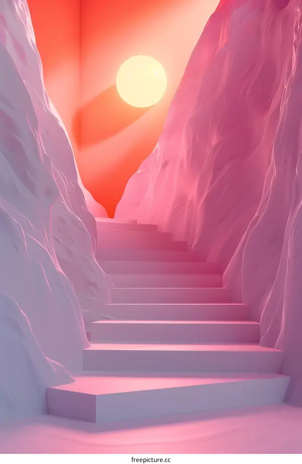 Pink surreal abstract landscape with floating stairs and a glowing sphere