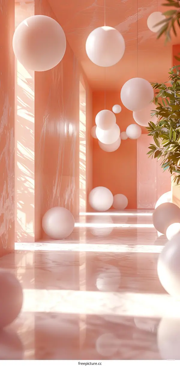 Pink Corridor with Hanging Spheres