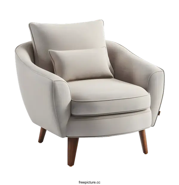 [Transparent Background PNG]Beige Fabric Armchair with Wooden Legs