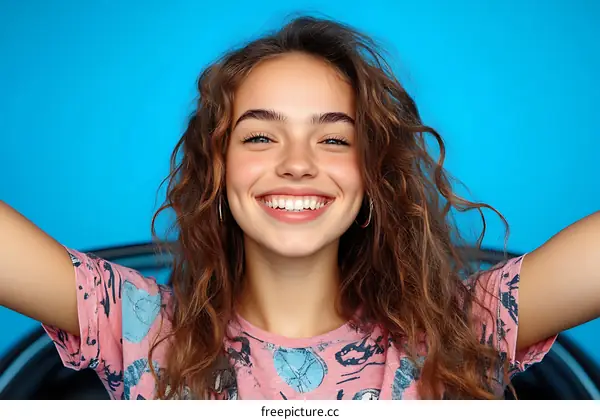 Smiling Woman Portrait in Pink T-shirt against Blue Background