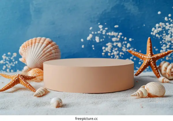 Coastal Display Stand with Seashells and Starfish