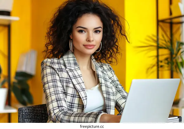 Young Black Woman Working on Laptop in Stylish Office Setting