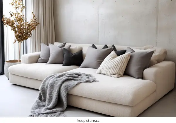Modern Beige Sectional Sofa with Throw Blanket