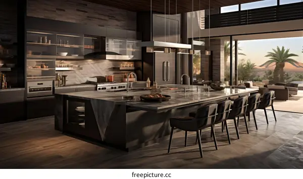Modern kitchen with dark wood cabinets and stainless steel appliances