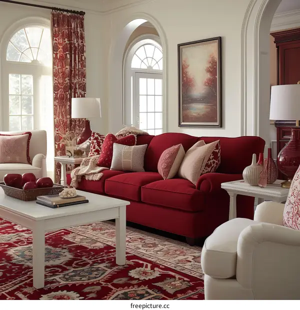 Red living room with white accents