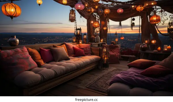 A cozy rooftop terrace with a view of the city at sunset