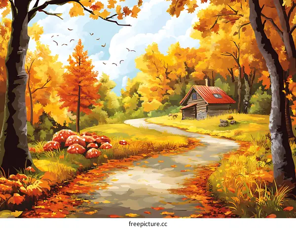 Autumn Forest Landscape with a Cabin and a Winding Path