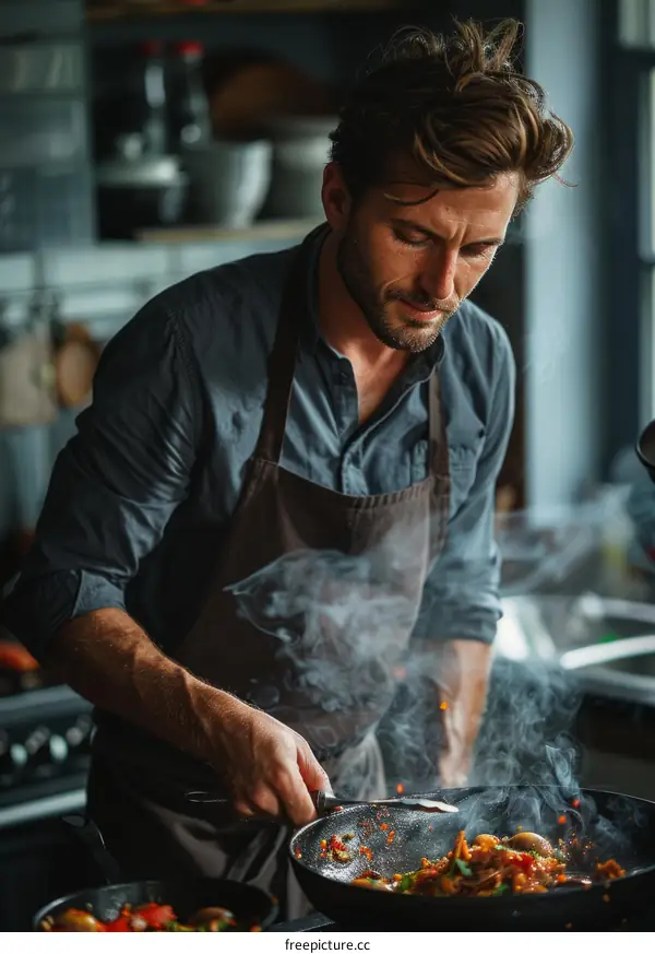 Young male chef sauteing vegetables in a pan