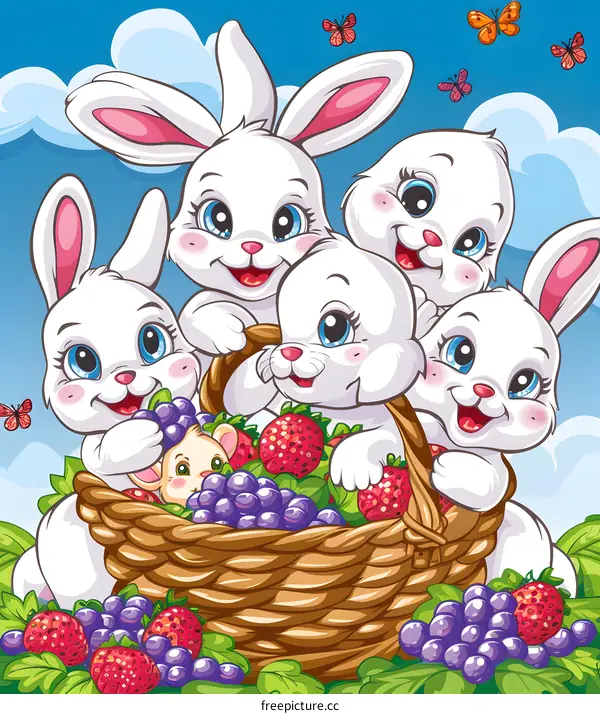 Four Cute Cartoon Bunnies Carrying Basket of Fruits