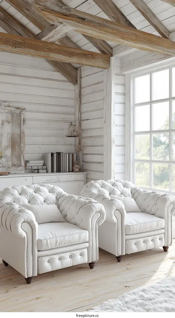 Rustic White Living Room with Two Armchairs
