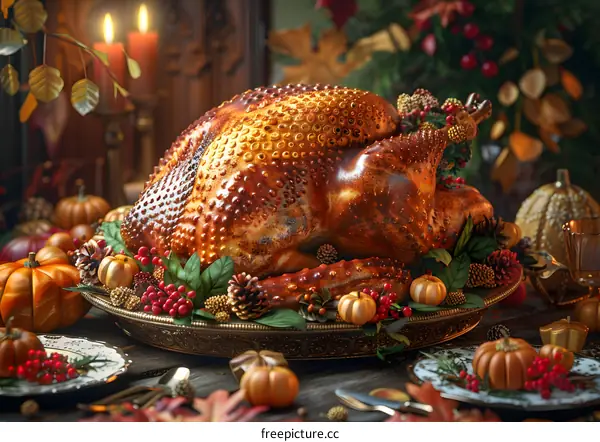 Thanksgiving dinner with roasted turkey, pumpkins, and candles