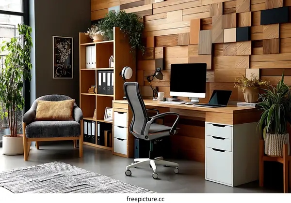 Modern Home Office with Wood Paneling