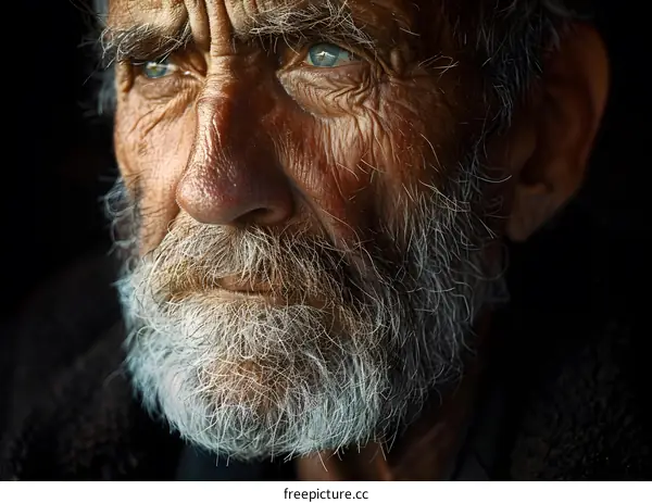 Portrait of an old man with a long white beard and blue eyes