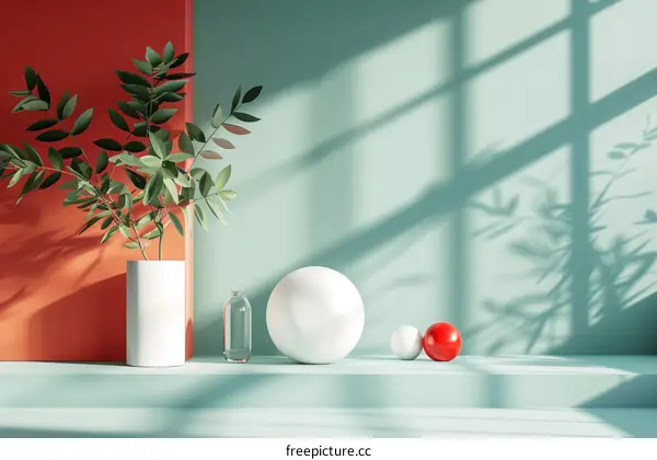 Minimalist Modern Still Life Scene with Plants and Geometric Shapes