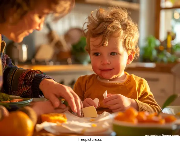 Little boy eating cheese in the kitchen with his mom