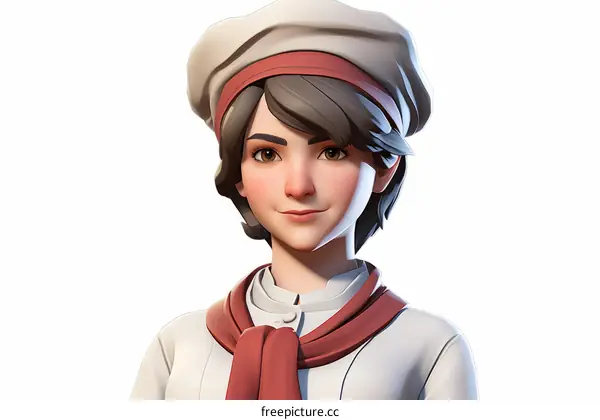 Young Female Chef with Red Scarf and White Hat