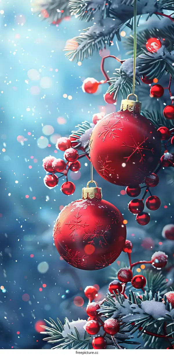 Christmas Decorations with Red Snowflakes and Berries on a Pine Tree