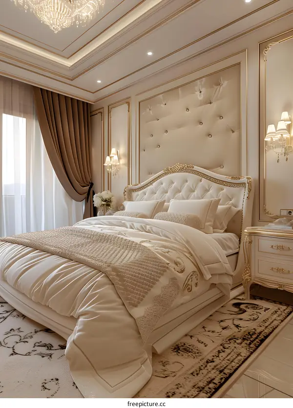 Ornate golden bedroom interior with brown curtains