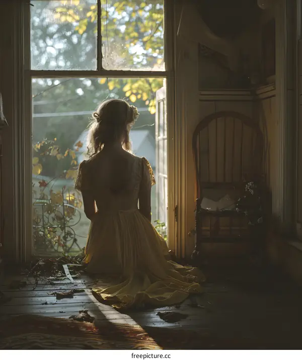 girl in yellow dress sitting by the window