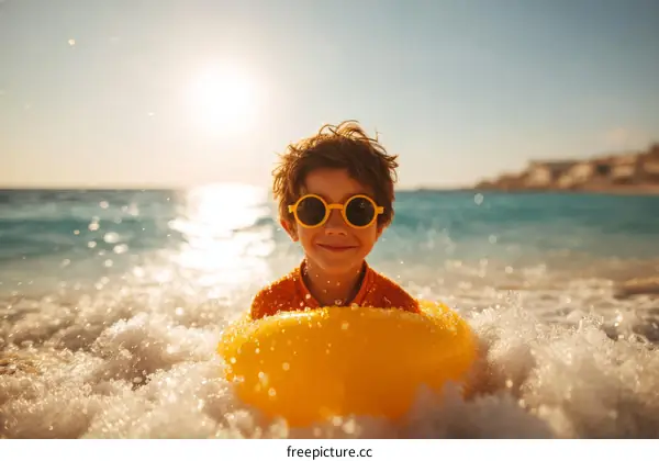 Adorable Child Playing in Ocean Waves with Swimming Ring