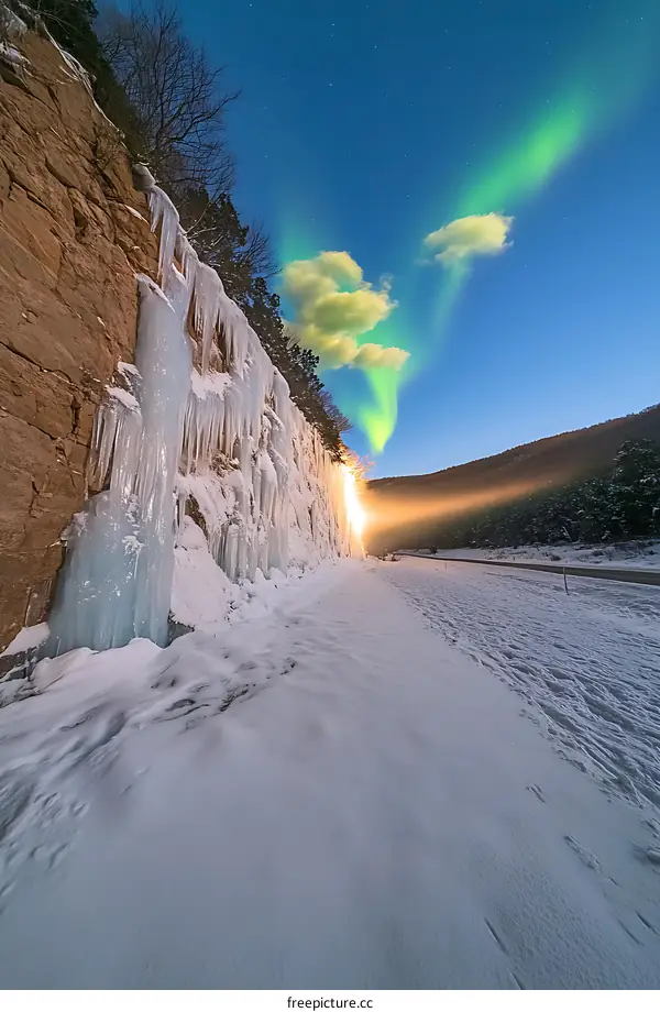 Northern Lights Display Over Frozen Cliff