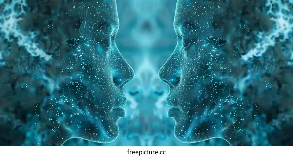 Futuristic Blue Digital Twin Human Faces in Mesh Network