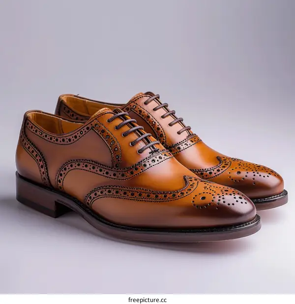 A pair of brown leather shoes with brogueing and a wingtip design