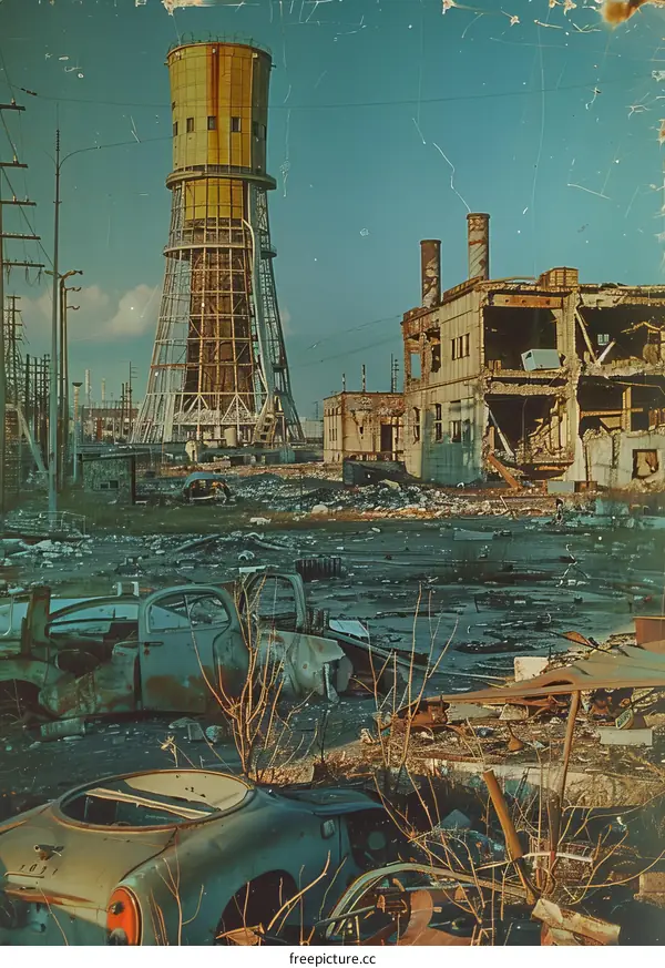 An old abandoned factory and a water tower in Pripyat, Ukraine