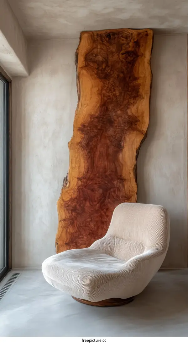 Modern Beige Swivel Chair and Wooden Slab Accent