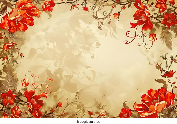 Retro floral background with red flowers and vines