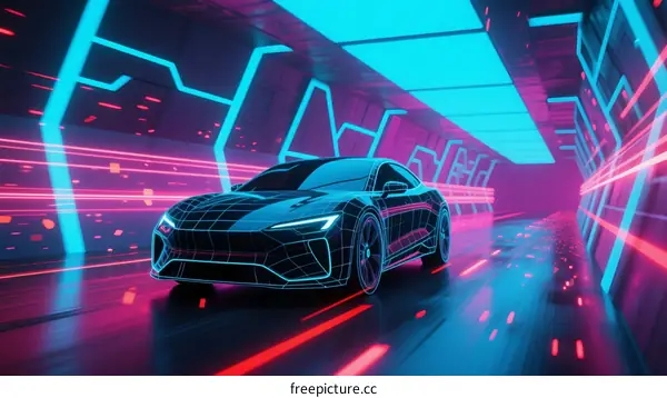 Futuristic sports car racing through neon-lit tech tunnel