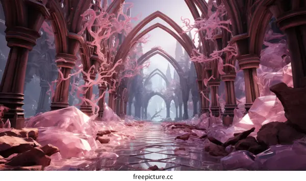 fantasy pink crystal palace long corridor concept art