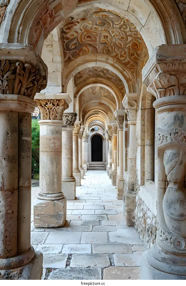 A long stone hallway with stone columns and arches