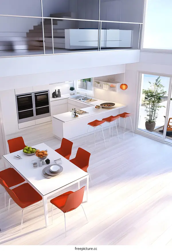 Modern White Kitchen Dining Room Interior Design with Red Chairs
