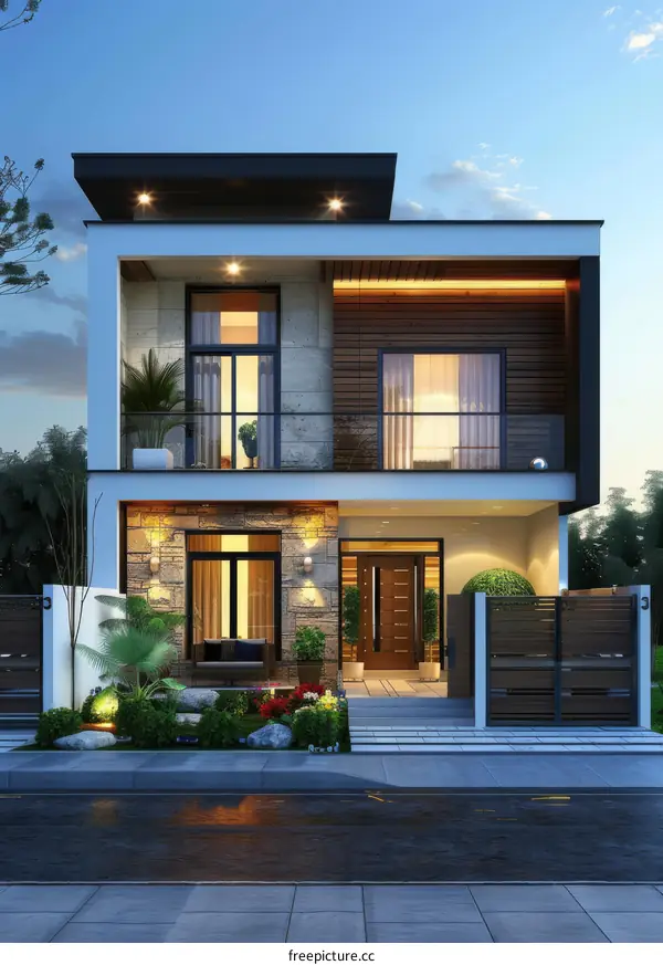 Modern Two-Story House Exterior Design Illustration