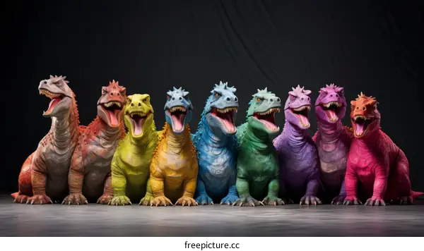 A group of dinosaurs of various colors are sitting in a row with their mouths open and teeth bared