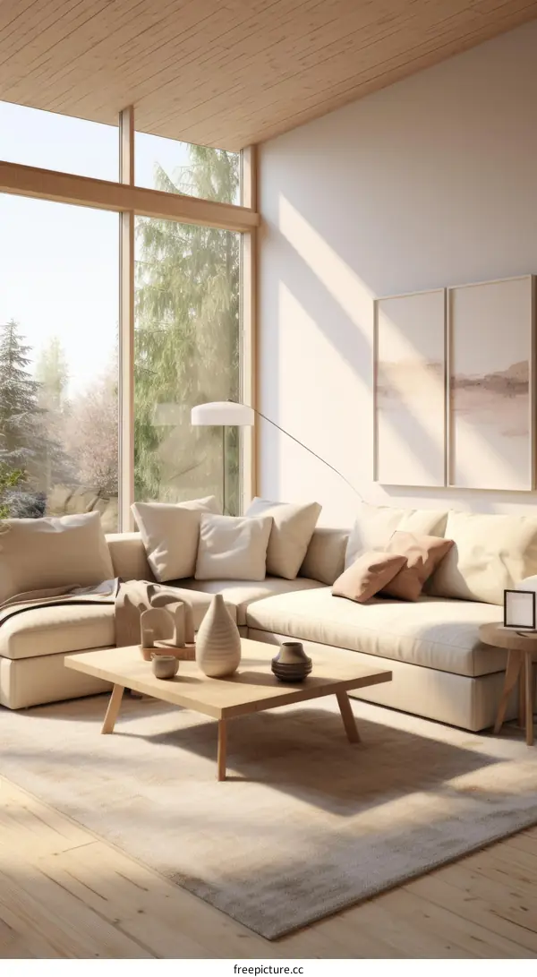 Bright living room with large windows and a comfortable sofa