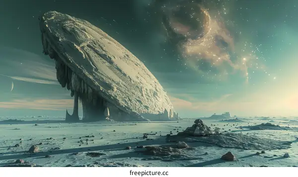 An illustration of a large, icy moon with a starry sky