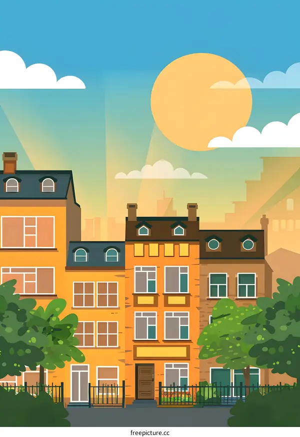 Sunny Day Cityscape Illustration with Three Buildings