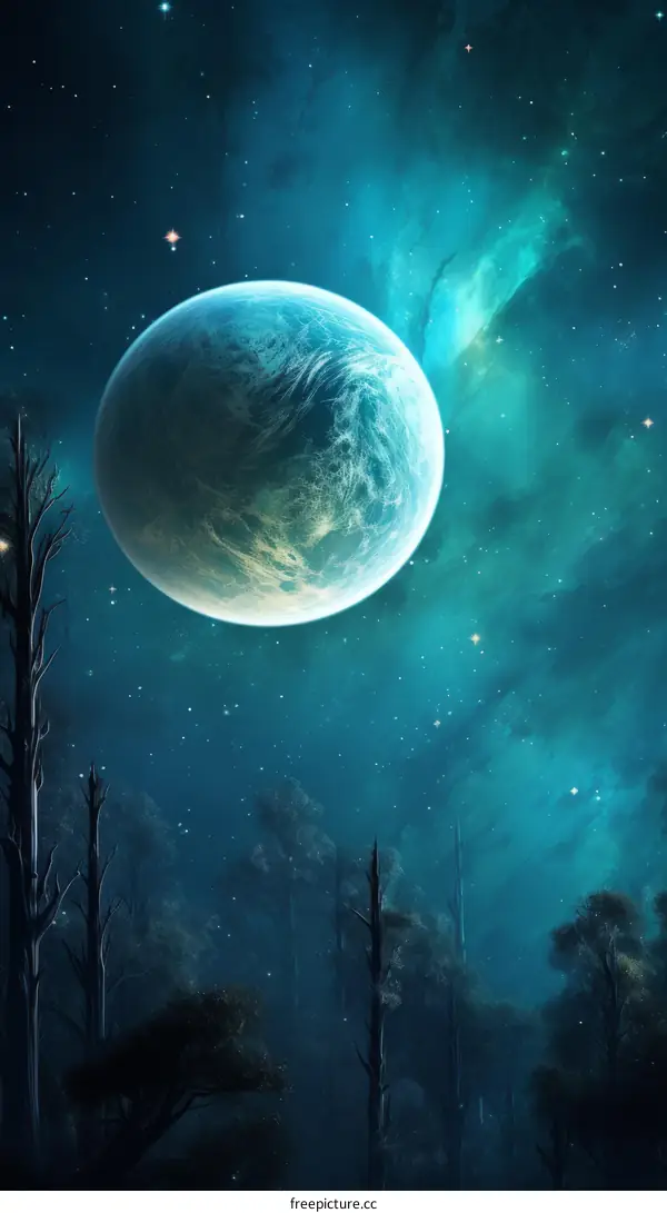 Fantasy landscape with a blue moon and a dark forest